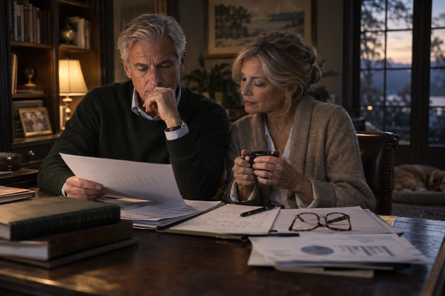 A couple thoughtfully reviewing their wealth strategy together