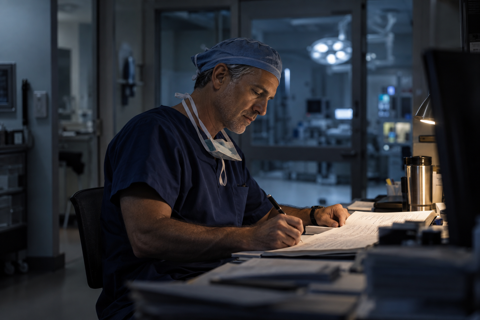 A surgeon reviewing notes after a procedure